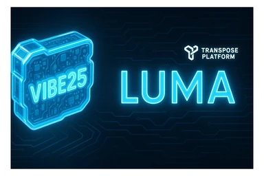 Create a wide banner in a Tron-inspired neon blue circuit style with a dark grey background featuring circuit lines. Include the word 'Luma' in large, bold, glowing geometric font. Integrate the 3D VIBE25 logo on the left and the Transpose Platform logo on the right. The overall look should be cohesive, futuristic, and high-tech. sticker