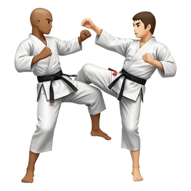 An icon symbolizing traditional Karate, featuring two opponents in a fierce battle. One fighter is delivering a high kick, while the other blocks the attack with a strong defense. The background reflects the calm yet intense atmosphere of a dojo, with traditional elements. Transparent background  sticker