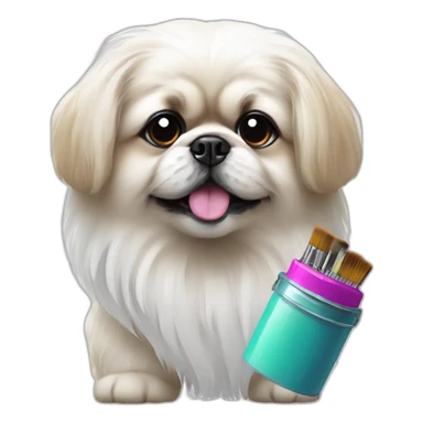 White Pekingese artist with colored paints and brushes sticker