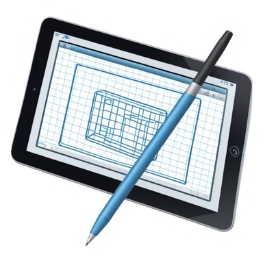 Create an emoji for 3D visualization and modeling. Show a large graphic tablet with a stylus drawing in a 3D modeling program, displaying a wireframe model that pops out from the screen. Use modern, professional colors. Do not include any emojis or smiley faces. Make the background transparent. sticker