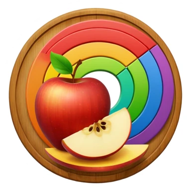 A round wooden board with a whole apple and several slices on it, with a rainbow outline sticker