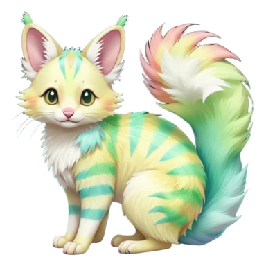  cute adorable yellow-green-turquoise-gradients albino fur with random colorful iridescent rainbow markings beautiful elegant pretty precious cute  Fakémon-Pokémon-opossum-feline-serval-caracal-chinchilla-Minccino-hybrid-creature with a big fluffy bushy striped tail (full body) sticker