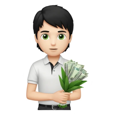 generate a pretty fair bratz boy with a messy mullet (black hair), wearing a white polo.  carrying a bouquet made of money sticker