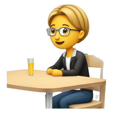 une personne est assise à une table, elle a des écouteurs et un micro est posé sur la table sticker