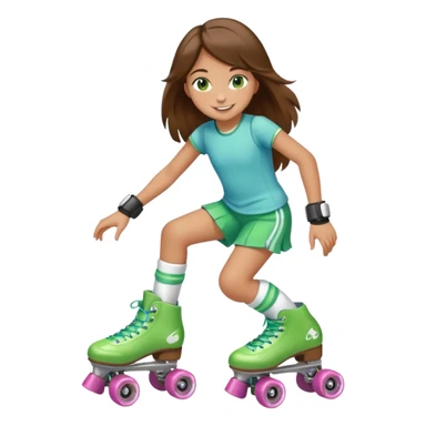 an 8 year old girl with green eyes and long brown hair. smiling. skating on quad style roller skates with white boot. sticker