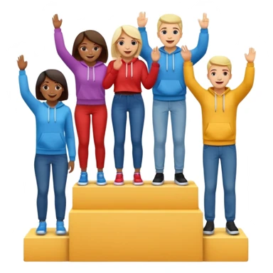 winners’ podium with multi-racial people, middle step higher, no numbers, fun colorful clothes like jeans t-shirts and hoodies, excited fun expressive emoji style sticker