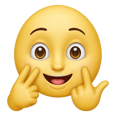 cute, playful emoji character inspired by the 🙃 upside-down face style. Rounded yellow face, big expressive eyes, cheerful smile with mouth slightly open. One hand raised with a finger gently touching the inside of the mouth in a thinking / cheeky gesture (not sexual). sticker