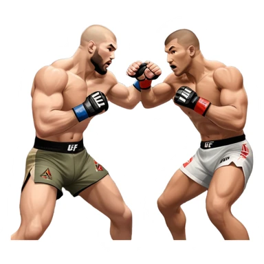 Two MMA fighters in the octagon, one delivering a strong punch while the other defends with a guard. The background shows the UFC octagon with the crowd in the distance. Transparent background emphasizes the dynamic intensity and skill of mixed martial arts. sticker
