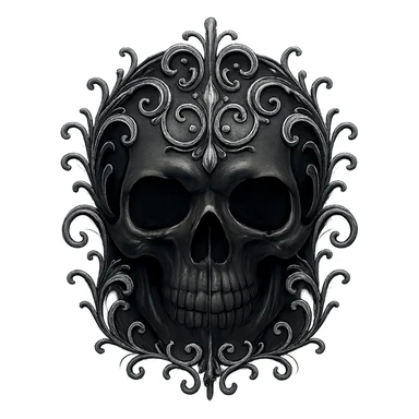 a gothic skull with silver filigree, moody and elegant, dark gothic style sticker