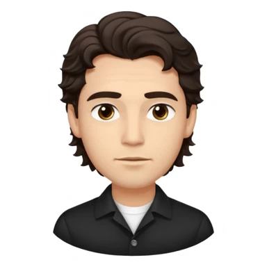 He’s a man with light to medium skin, a defined oval face, full brows, deep-set eyes, and wavy short dark brown tall hair styled with height, sides are trimmed. expression calm and focused relaxed black open-collar .polished, articulate, and coach vibe. sticker