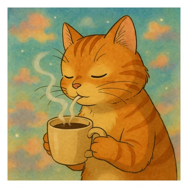 ghibli style ginger cat sipping coffee, dreamy background sticker