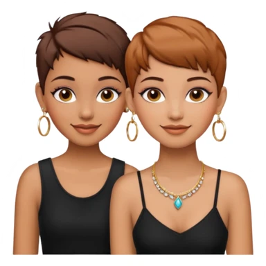 Puerto Rican fair skin straight brown pixie cut hair with hoop earrings make up and my best friend brown  colored pixie cut with jewelry and makeup on her caramel color face besties side-by-side wearing black  sticker