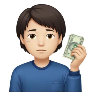 un niño de 15 años pelo medio largo, color blanco ojos marrones, medio chino de la cara, 1.60 de altura, cara agotada sin dormir y cansado con una mano llena de dinero sticker