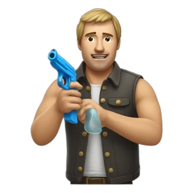 Man with a water pistol pretending to play Russian roulette as a joke sticker