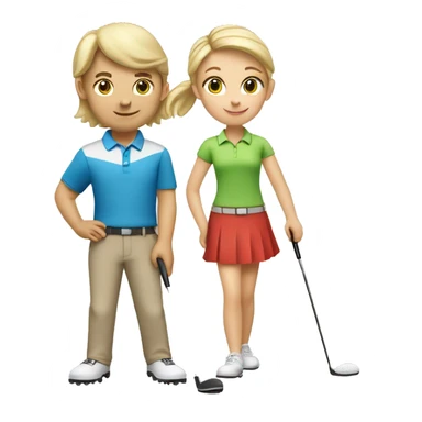 Blonde Caucasian little boy and brunette Caucasian little girl golfing with blonde golf coach sticker