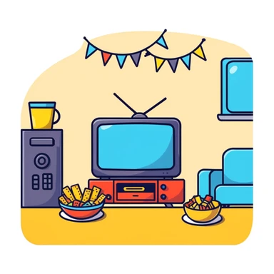 TV party with multiple characters, snacks, and decorations sticker