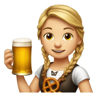 Young German girl drinking beer with a pretzel wearing a drindl sticker