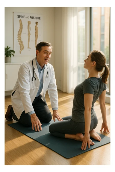 A realistic, cinematic illustration of a professional doctor in a white coat inside a bright, modern medical office, demonstrating a simple stretching exercise to a patient for improving posture. The doctor, calm and encouraging, shows a gentle spinal extension stretch while explaining its benefits for posture and spinal health, with an anatomical poster of the spine and posture alignment in the background. The scene includes a yoga mat, clean wooden floors, and natural light streaming through large windows, creating a warm, health-focused atmosphere. The patient, in comfortable activewear, watches and mirrors the stretch, emphasizing the preventive and therapeutic role of stretching for posture correction under medical guidanc sticker