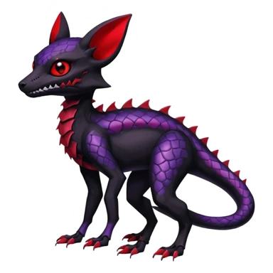 Gothic Black red purple Scaley Exotic Salandit-Umbreon-Noibat-Fakémon-hybrid-creature (full body), 4 legs, white skull face mask sticker