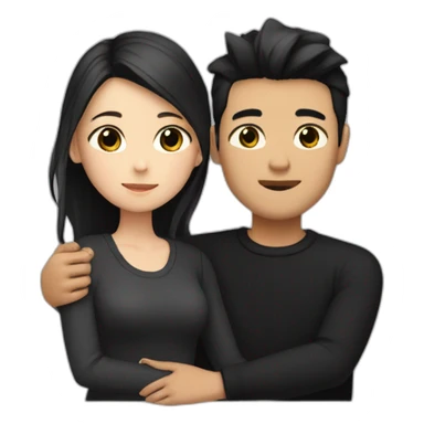 Blonde girl with brown eyes in black sweater and asian man with black hair hugging sticker