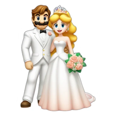 Mario and Princess Peach at their wedding, dressed in wedding attire, with Peach holding a bouquet and Mario in a white suit sticker