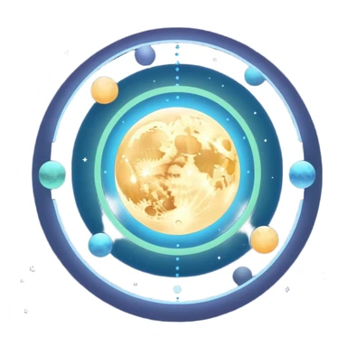 Glowing orb floating above layered moon phases, surrounded by soft rings of light, with tiny stars marking checkpoint points in orbit. sticker