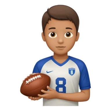 a boy having a football ball next to his hand wearing a football jersey sticker
