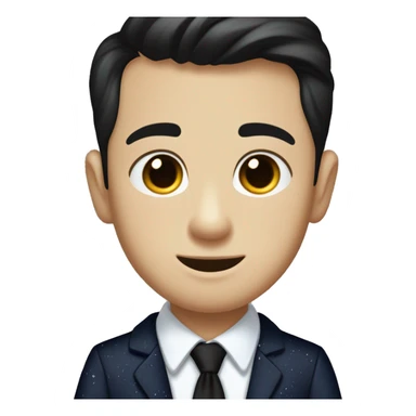 Teenage white boy with brown eyes and black short combover hair in a navy blue dress shirt with a black tie and a black and white speckled corduroy jacket sticker