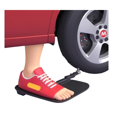 A clean 3D emoji-style illustration of a single right foot pressing down on a car gas pedal. Only the foot and the pedal are shown, viewed from the side. The pedal is slightly tilted to show pressure. No background, simple colors, minimal details sticker