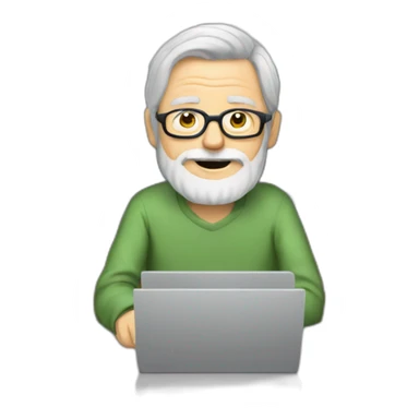 old man with grey hair and beard and glasses sitting at a desktop with computer sticker