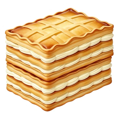 mille-feuille-cinematic-realistic-mille-feuille-dessert-emoji,-depicted-as-a-rectangular delicate-pastry-composed-of-two-crisp-layers-of-puff-pastry-with-a-rich-cream-filling,-rendered-with-intricate-textures-and-elegant,-soft-lighting. Please only show two layers only. sticker