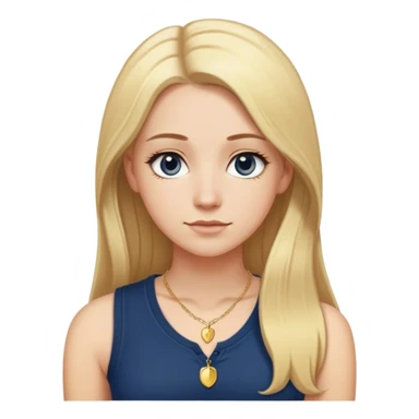 College white girl with long blonde hair straightened with a middle part. She is wearing a sleeveless navy blue Henley shirt with a small dainty girly gold necklace sticker