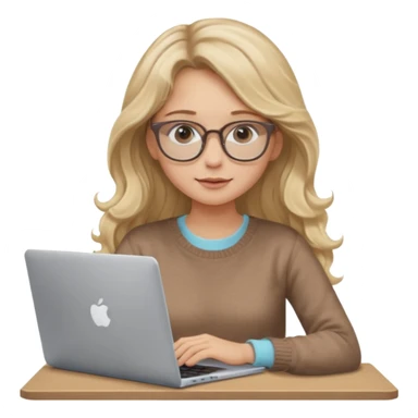 blonde girl with long dark blonde wavy hair, pantos-style glasses, a brown sweater, sitting with a laptop, looking in laptop, soft pastel, upper body shot sticker