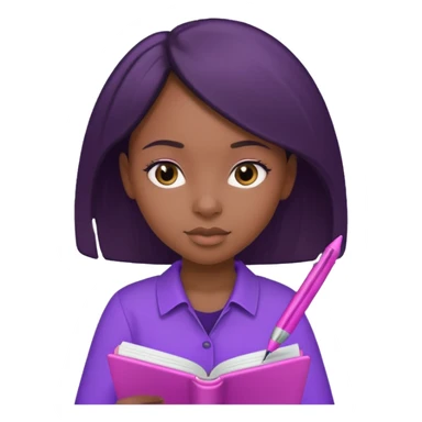 Une fille noir au cheveux lisse qui est entrain d’écrire avec un stylo rose sur un cahier violet sticker