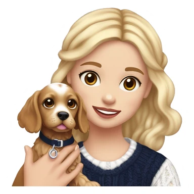 A blonde girl with brown eyes, pinkish brownish lipstick ￼wearing a navy blue headband and a navy blue and white cable knit fair isle jumper. In her arms she is holding a golden brown cocker spaniel girl puppy who had a pink collar around her neck. sticker