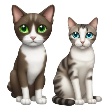 Dark Brown and white tabby cat with green eyes and a Siamese blue eyed cat sticker