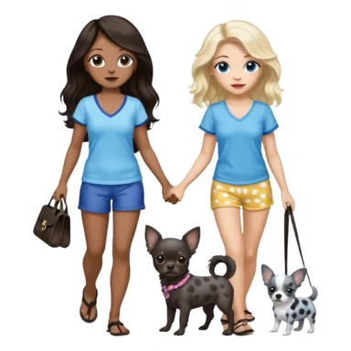 2 pretty women in beach clothes, one walking a black chihuahua puppy, one hazel eyed light skin with dark brown wavy long hair, walking a blue and gray spotted Merle Frenchie the other blue eyed light skin long blonde hair walking a black chihuahua  sticker