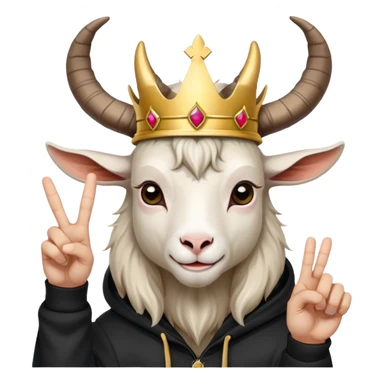 Goat with horns wearing black hoodie and a royal crown do the peace sign sticker