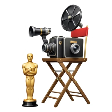 Icon for Directing: a director's chair, a large film camera, a megaphone, a stage set with lights and an Oscar statuette. The icon should represent the creative and leadership aspects of directing, with focus on film and theater production. Transparent background. sticker