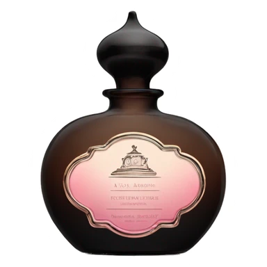 English vintage glass perfume bottle from my aristocratic grandmother, exquisite bottle shape, old and shabby, with label, stylish and minimalistic, black and brown with pink gradient  sticker