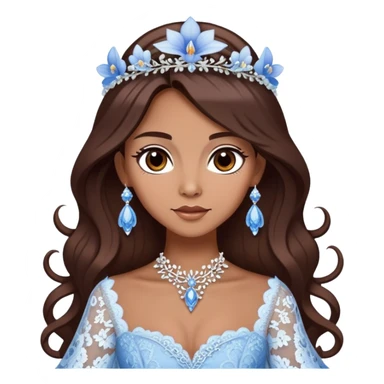 enchantress with brown eyes and tanned skin and long chocolate brown hair wearing a embellished winter blue and white lace gown with orchid tiara sticker