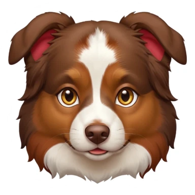 A tri color Australian shepherd with a chocolate brown base coat, red/gold fur on his eyebrows and snout/cheeks, a white chest, and gold eyes sticker