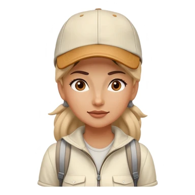 hiking woman on trail cream clothes baseball cap sticker