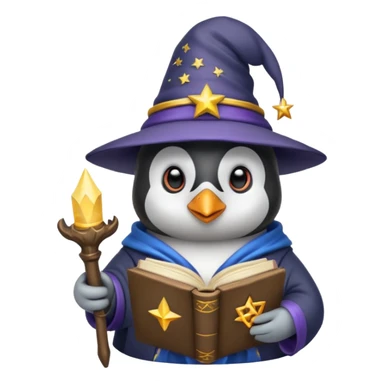 penguin wizard with a book of spells starry hat sticker