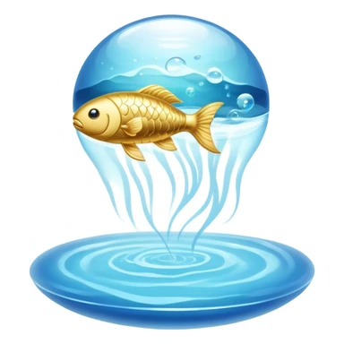 Shimmering golden capsule floating in flowing soft blue liquid currents, with an ethereal translucent fish circling around a glowing brain suspended in the fluid. Gentle waves of light pulsing outward from the brain, creating an aura of serenity, enhanced focus and mental clarity. sticker