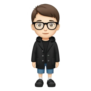 boy with glasses, short height, wearing crocs and a black coat sticker