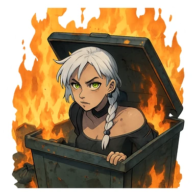 she is poking out from a garbage dumpster, fire, garbage fire, everything is on fire, a closeup portrait of young woman with gold yellow eyes, white hair, long braid, black off-shoulder top d-cup, punk gothic style, futuristic cyberwave cyberpunk, sticker