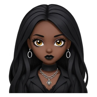 dark skin, goth bratz baddie, beautiful brown eyes, gothic black makeup, long black hair, black gothic hair styled, black goth clothes sticker