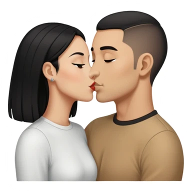 1 Tan girl with long black hair kissing same skintone man with evenly buzzcut black hair both wearing white sticker