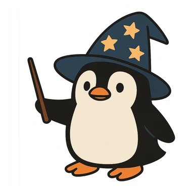 flat toon style penguin wizard with a starry hat sticker